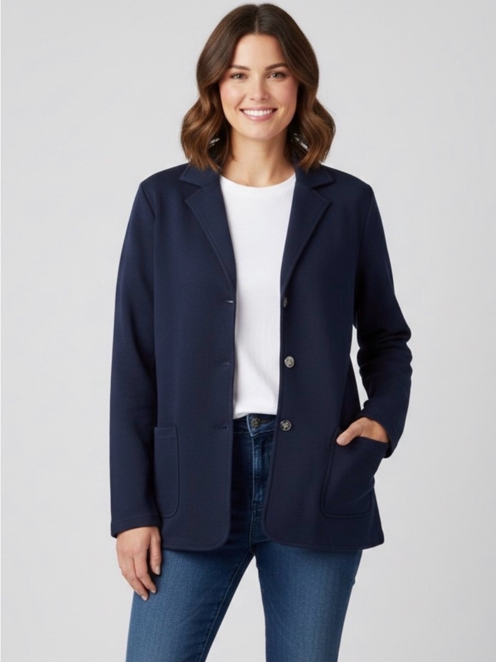CHAPS Navy Knit Cotton Blend Sweater Blazer Silver Buttons Pockets Women L NWT